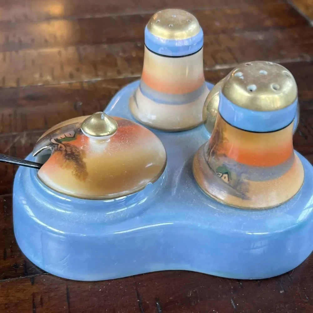 Vintage Lusterware Condiment Set Salt‎ Pepper Mustard Japan - Picture 6 of 14